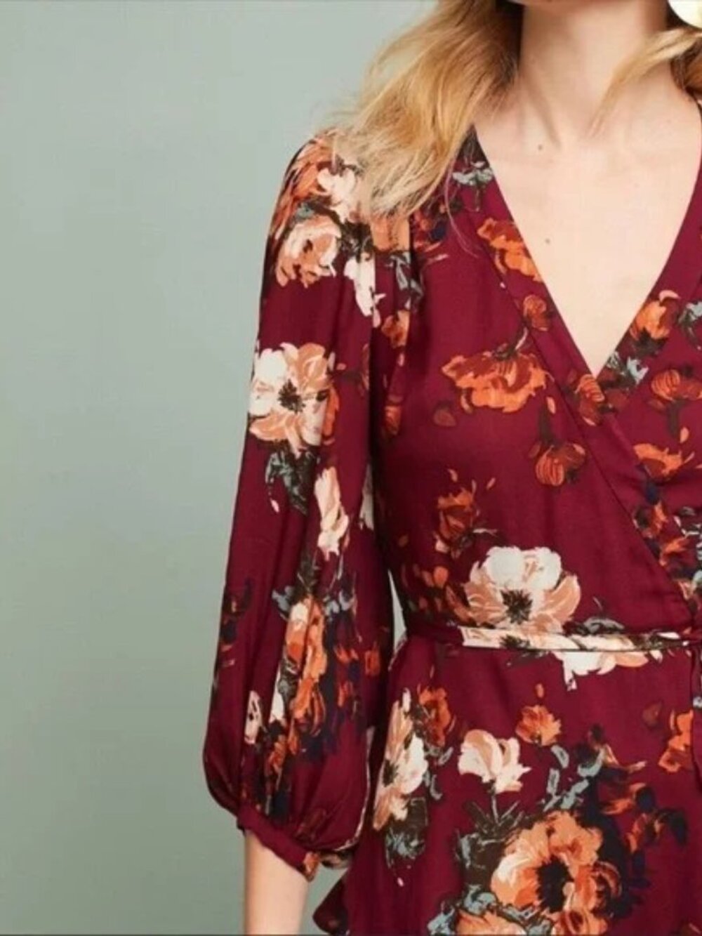 Anthropologie Pink Clove Burgundy Floral Wrap Top Sz 10